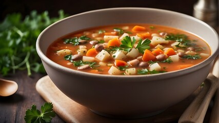A steaming bowl of hearty vegetable soup garnished with fresh herbs