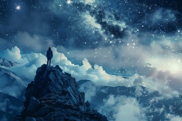 Fototapeta na wymiar A lone figure stands atop a rugged mountain, gazing up at the swirling clouds and twinkling stars in the vast expanse of the sky, surrounded by the untouched beauty of nature's snowy landscape