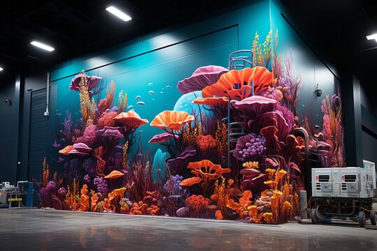 A room filled with a large aquarium of corals and fish