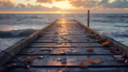 As the sun sets over the horizon, a peaceful wooden dock extends into the glistening ocean, its boardwalk inviting us to take a stroll and soak in the serene seascape - obrazy, fototapety, plakaty