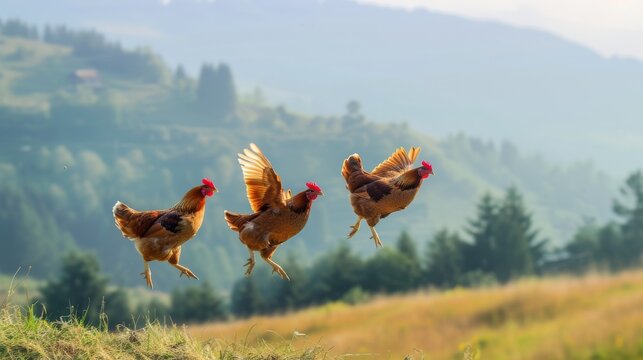 A flock of lively gallinaceous birds soar through the picturesque mountain landscape, their colorful combs and feathery plumes creating a stunning contrast against the vibrant green grass and wild pl