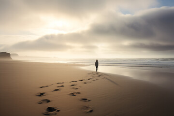 Fototapeta na wymiar Person enjoying moment of solitude on remote beach. Generative AI
