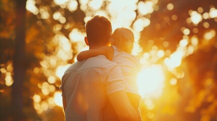 As the sun sets, a man in amber light holds his child on his shoulders, their love radiating through the heat as they share a kiss, surrounded by the beauty of the outdoors and the glow of backlighti