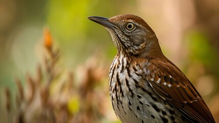 Fototapeta premium Close-Up of a Brown Thrasher Bird Amidst Nature, Showcasing Its Detailed Feathers and Alert Expression
