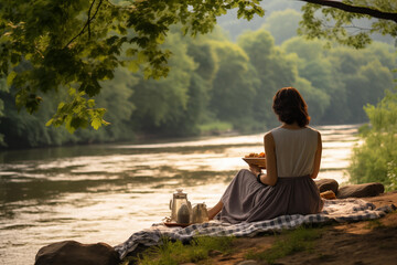 Fototapeta premium Young woman enjoying picnic by tranquil riverbank. Generative AI