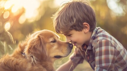 A young boy shares a tender kiss with his faithful golden retriever, their matching brown coats blending seamlessly as they enjoy the outdoors together - obrazy, fototapety, plakaty