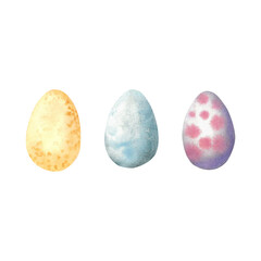 Easter eggs in yellow, blue and purple colors. Watercolor illustration hand drawn on a white background. For fabric design, cards and souvenirs