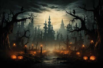 A spooky forest at dusk with pumpkins, a castle and cloudy sky in the background - obrazy, fototapety, plakaty