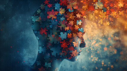 Autism Spectrum Disorder Conceptual Illustration with Colorful Puzzle Pieces, Understanding Neurodiversity and Inclusion, Generative AI

 - obrazy, fototapety, plakaty