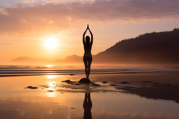 Woman practicing yoga on peaceful beach at sunrise. Generative AI