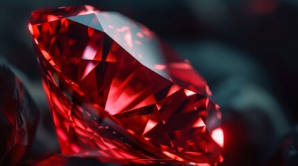 Luxurious dark diamond in red tones. Closeup of precious transparent crystal. Brilliant diamond facets