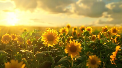 field of blooming sunflowers in sunshine isolated on transparent background overlay template - obrazy, fototapety, plakaty