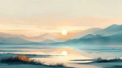 A serene minimalistic landscape in scandi art style with subtle japandi touches in shades of boho neutrals