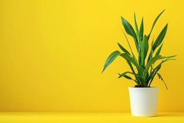A vibrant houseplant blooms in a cheerful yellow flowerpot, bringing life to a blank wall and adding warmth to the indoor space