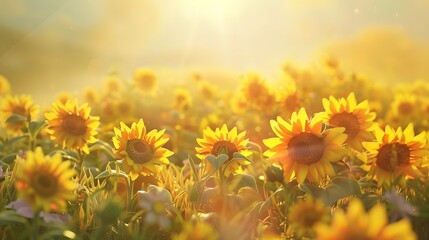 field of blooming sunflowers in sunshine isolated on transparent background overlay template