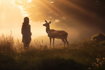 Young girl watching family of deer graze in sunlit meadow. Generative AI