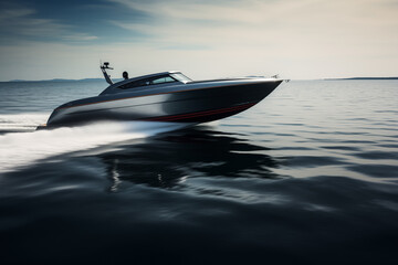 Sleek motorboat cruising on calm waters. Generative AI - obrazy, fototapety, plakaty