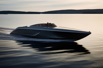 Sleek motorboat cruising on calm waters. Generative AI - obrazy, fototapety, plakaty
