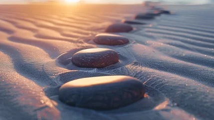 Foto auf Acrylglas Steine ​​im Sand Zen stones with lines on the sand. Spa therapie and meditation concept