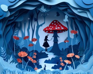 Magical paper cut landscape of the Caterpillars mushroom Alice and the White Rabbit set in a dreamy Wonderland background