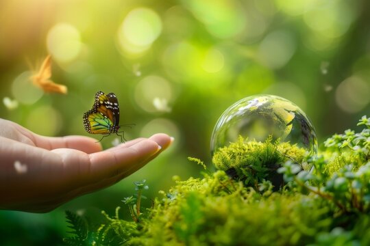 A person's gentle touch captures the delicate beauty of a butterfly amidst the lush greenery and vibrant yellow flowers of nature's embrace
