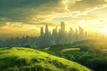 A tranquil sunset casts a warm glow over a vast green field, where the towering cityscape stands tall against the painted sky