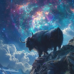 Quantum fields and nebulae merge revealing a cosmic dance of antimatter and galaxies with an imperial yak observing in silence
