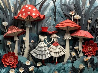 The Tweedles encounter in Wonderland captured in a dynamic and detailed paper cut scene full of whimsy and charm