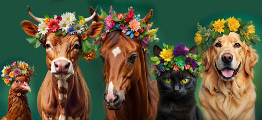 golden retriever dog, black cat, horse, cow and hen with flower crown on head like concept all animals deserve love