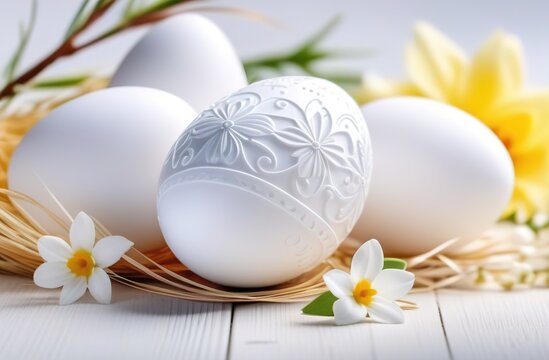white Easter eggs in a nest
