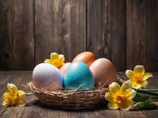 Obraz na płótnie Canvas Celebrating Renewal: Easter Eggs and Flowers on Wood