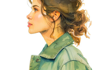 Profile of a young girl of about 25 years old, wearing a green shirt-cut jacket, made in watercolour technique.