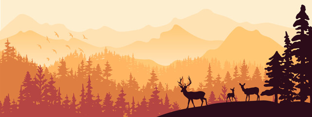 Horizontal banner. Silhouette of deer, doe, fawn standing on hill, forest and mountains in background. Magical misty landscape, fog. Yellow, orange, brown illustration. Background.