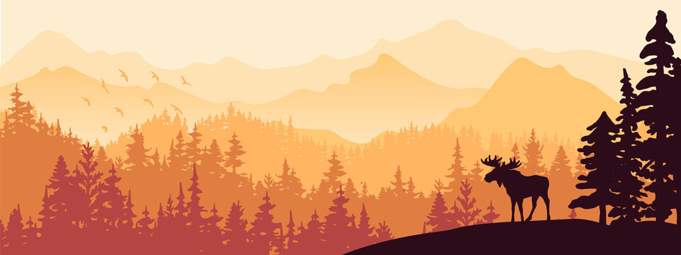 Silhouette of moose on hill. Tree in front, mountains and forest in background. Magical misty landscape. Illustration, horizontal banner.