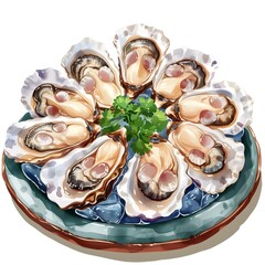 Oysters arrangement on dish, type of meat, cute cartoon, full body, watercolor illustration.