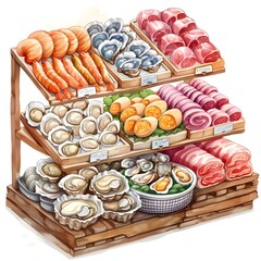 Oysters arrangement on Meat shelves in department stores, type of meat, cute cartoon, full body, watercolor illustration.