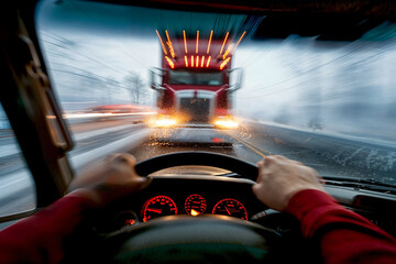 Head-on collision with semi truck, driver's view from car, motion blur, accident - obrazy, fototapety, plakaty