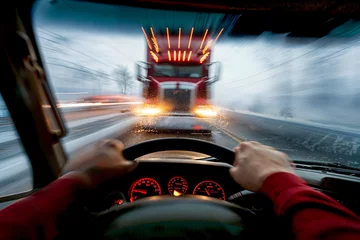 Deurstickers Head-on collision with semi truck, driver's view from car, motion blur, accident © Sunshower Shots