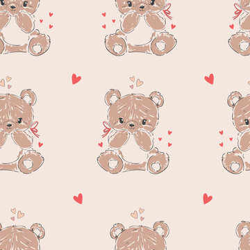 Hand Drawn Cute little Teddy Bears and hearts seamless pattern. Vector illustration kids design