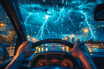Driving through lightning storm at night, driver's view from car through windshield, severe weather - obrazy, fototapety, plakaty
