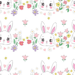 Obraz premium Hand Drawn Cute Rabbits and Flower background vector seamless, Little Bunny pattern Kids print.
