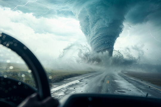 Massive tornado in the road, driver's view from car through windshield, disaster