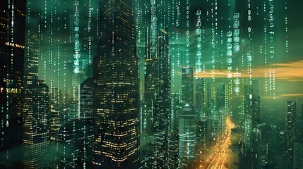 Futuristic city skyline merging with digital code, symbolizing business innovation and tech transformation