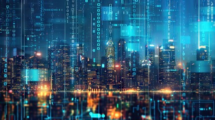 Fototapeta na wymiar Futuristic city skyline merging with digital code, symbolizing business innovation and tech transformation