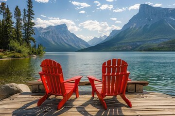 Amidst the serene landscape of mountains, trees, and sky, two red chairs sit on a dock by the crystal clear lake, inviting one to pause and bask in the beauty of nature