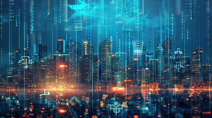 Futuristic city skyline merging with digital code, symbolizing business innovation and tech transformation