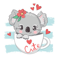Hand drawn Cute Koala sitting in a cup, Kids print vector illustration 