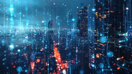Obraz premium Futuristic city skyline merging with digital code, symbolizing business innovation and tech transformation