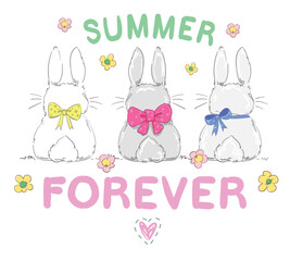 Hand drawn cute bunny and flowers, summer forever kids print design, vector illustration