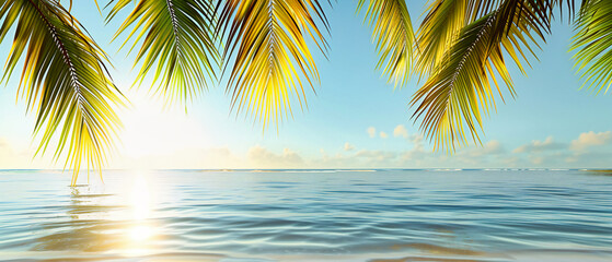 Fototapeta na wymiar Tranquil Tropic Oasis: Serene Beach Views with Lush Palms Framing the Azure Ocean, a Perfect Summer Escape